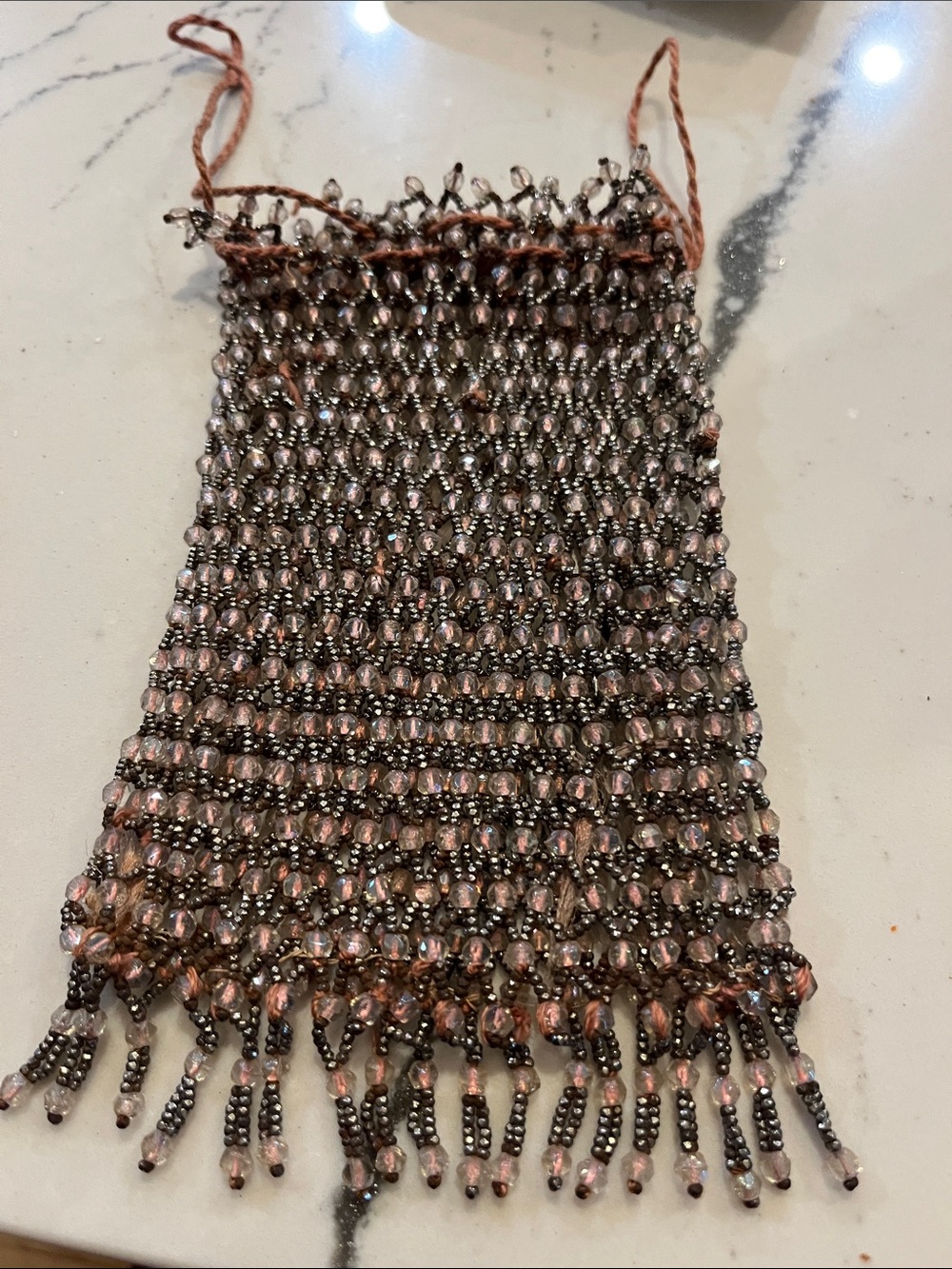 Vintage Handmade Beaded Fringe Wristlet Pouch - Pink and Gunmetal heavy.